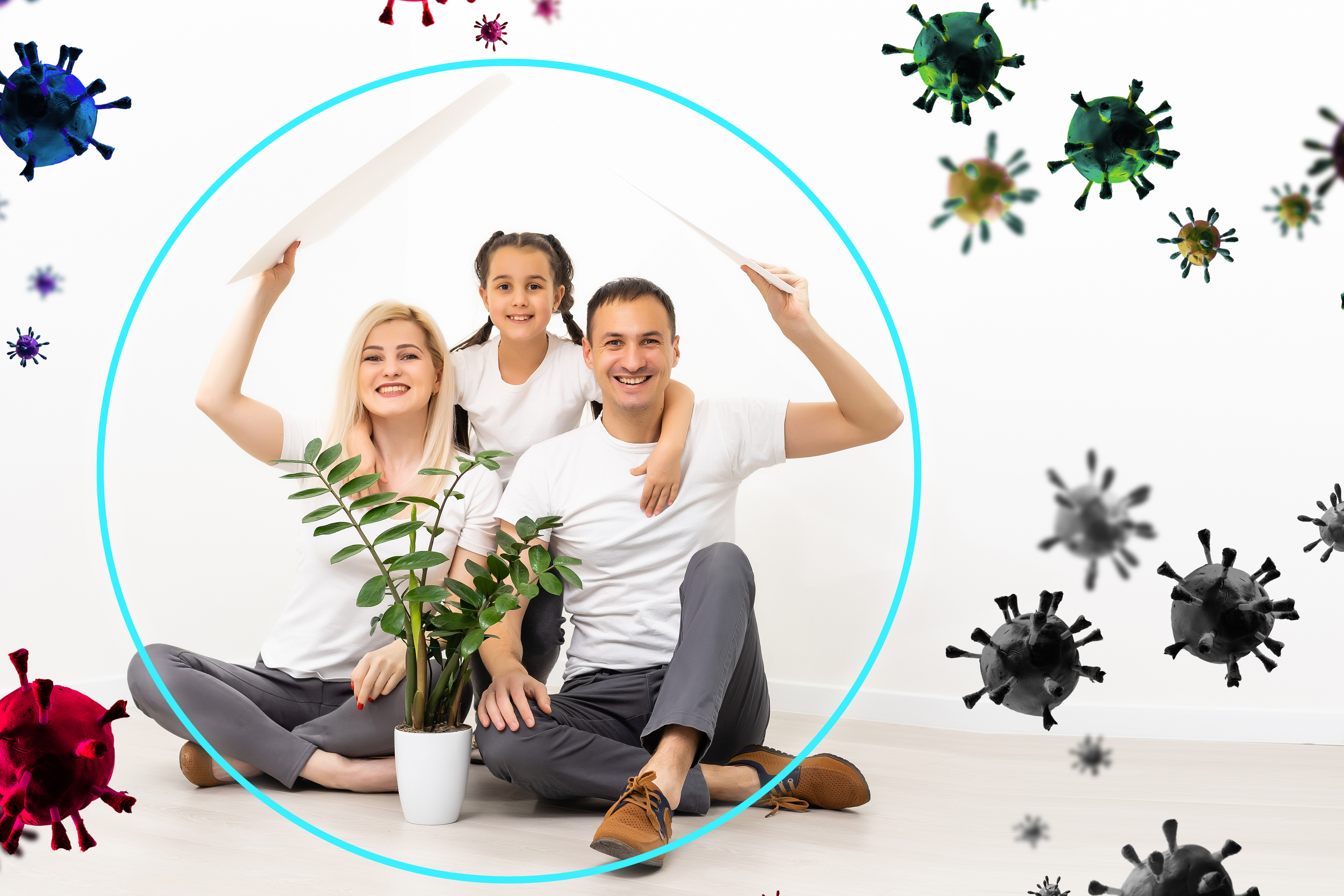 Family sitting together protecting themselves from germs