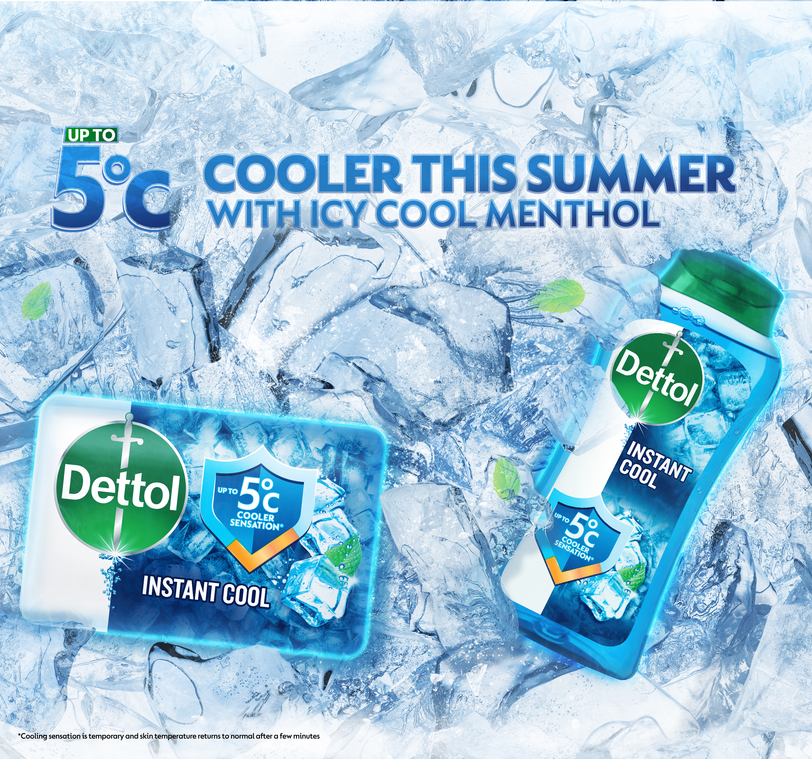 Dettol Instant Cool soap and body wash with icy cool menthol, offering up to 5°C cooler sensation, displayed over ice cubes for a refreshing summer feel.